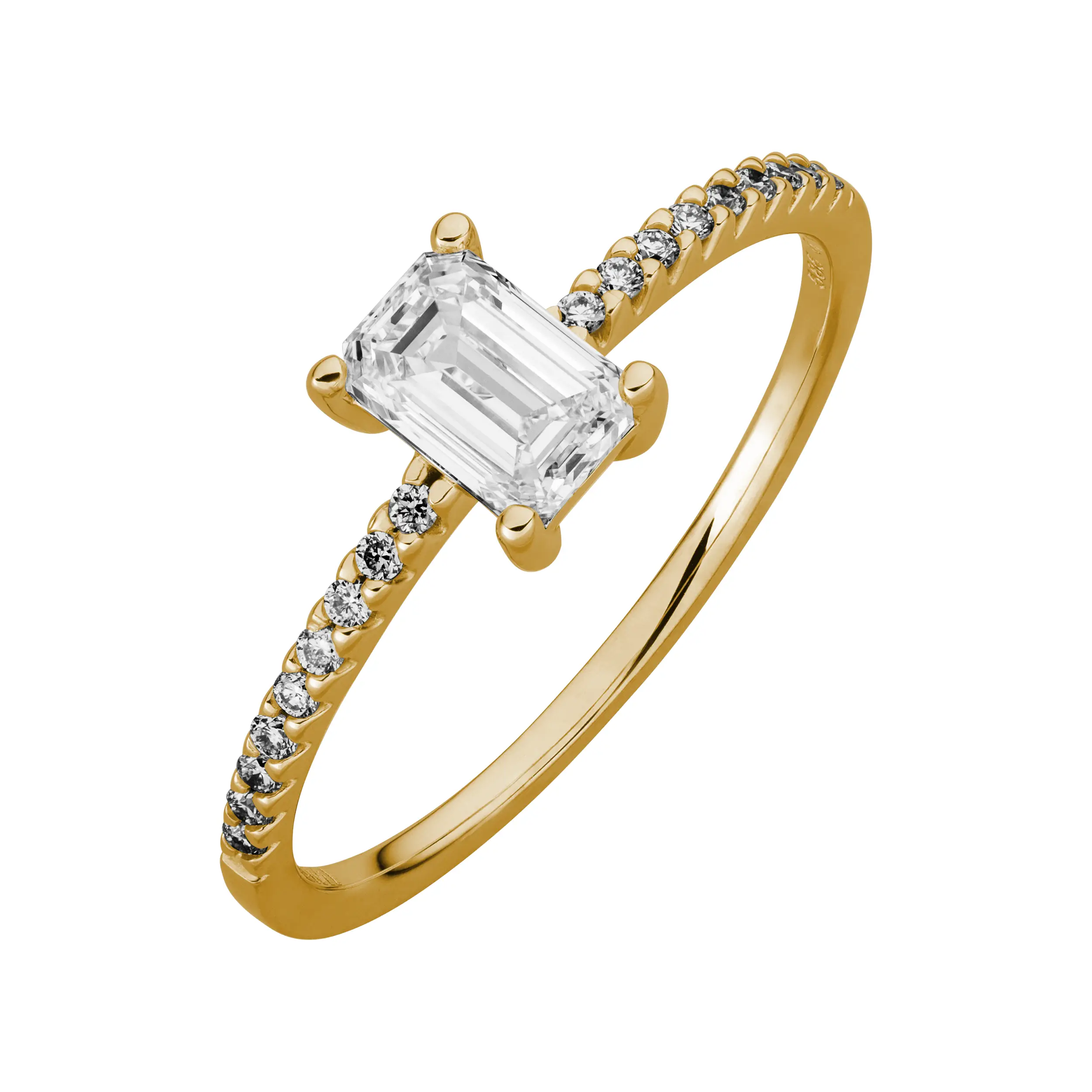 Gold Ring Diamant 0,76ct Emerald Cut + Vollschliff 4er Krappenfassung Solitär Pavé